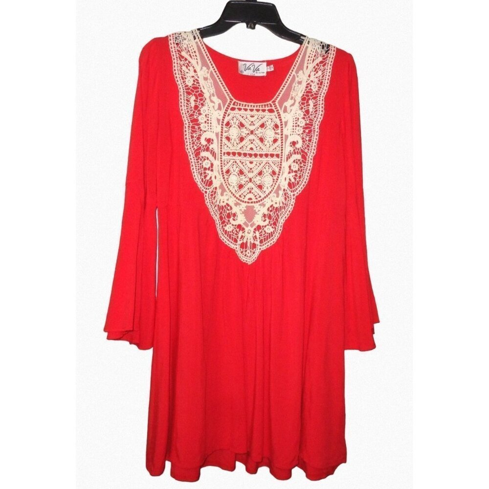 Red Crochet Tunic Long Top Sz M Bell Sleeve Boho Hippie Vtg Style Vava Joy Han